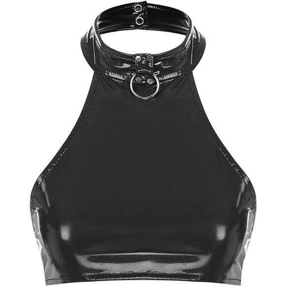 Iefiel Shiny Black Wet Latex Look Scoop Neck Stretchy Metallic Halter Top Sz S - Picture 3 of 10